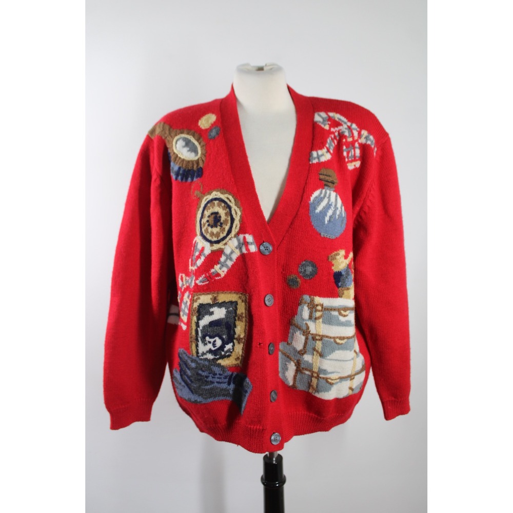 Susan Bristol L Red Cardigan 1993 Hand Embroidered Wool Travel Novelty Sweater